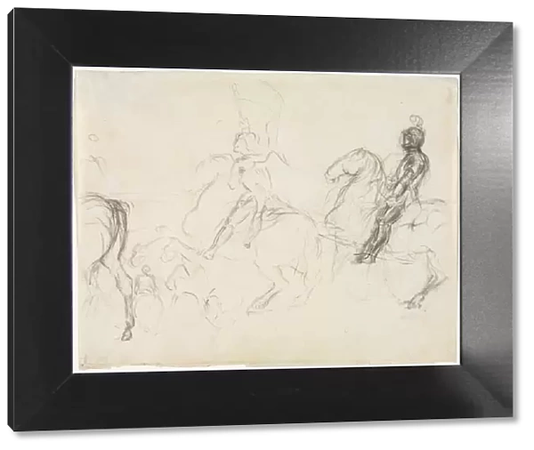 Battle Scene with Armored Figures on Horseback (recto) Two Seated Women (verso), 1856-1860