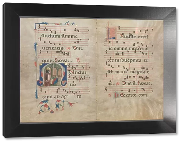 Bifolium from an Antiphonary: Initial M with Saint Dominic Preaching, c. 1320-1340