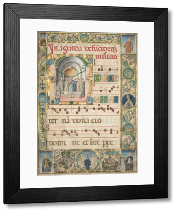 Framed Print : Leaf from a Gradual: Initial (R) with Mass for the Dead (recto), c. 1480. Creator Framed Print : Leaf from a Gradual: Initial (R) with Mass for the Dead (recto), c. 1480. Creator