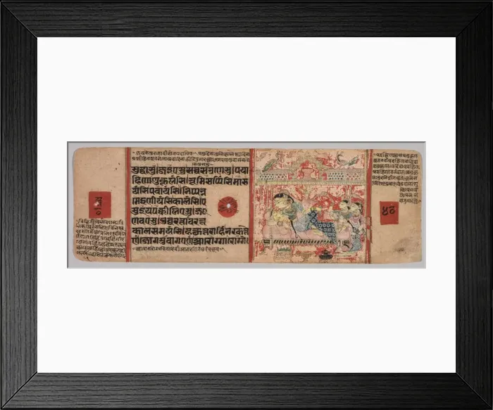 Framed Print : Leaf from a Jain Manuscript: Kalpa-sutra: Text (recto); Birth of Mahavira, folio 40 (verso), c Framed Print : Leaf from a Jain Manuscript: Kalpa-sutra: Text (recto); Birth of Mahavira, folio 40 (verso), c