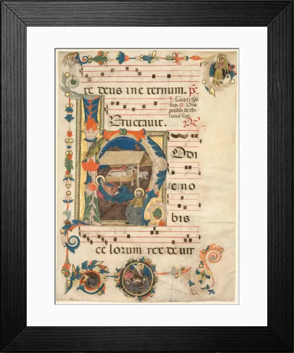 Framed Print : Leaf from an Antiphonary with Historiated Initial (H) with The Nativity (recto) and Music (verso) Framed Print : Leaf from an Antiphonary with Historiated Initial (H) with The Nativity (recto) and Music (verso)