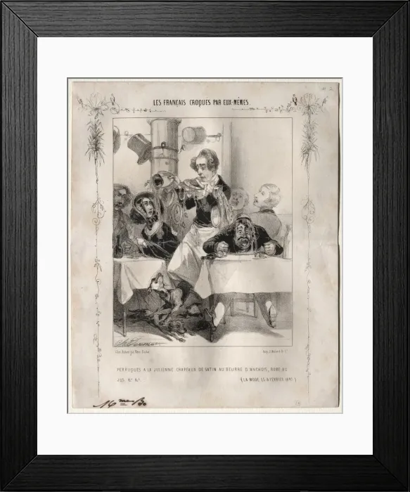 Framed Print : Les Francais croques par eux-memes: Perruques a la Julienne, Chapeaux
