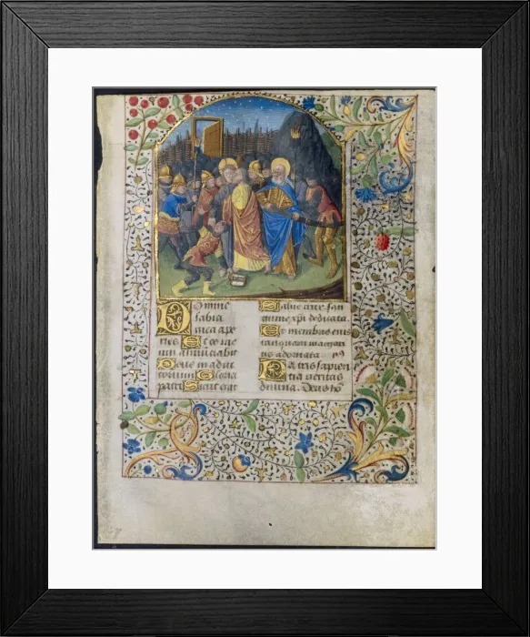 Framed Print : Leaf from a Book of Hours: The Betrayal of Christ, c Framed Print : Leaf from a Book of Hours: The Betrayal of Christ, c