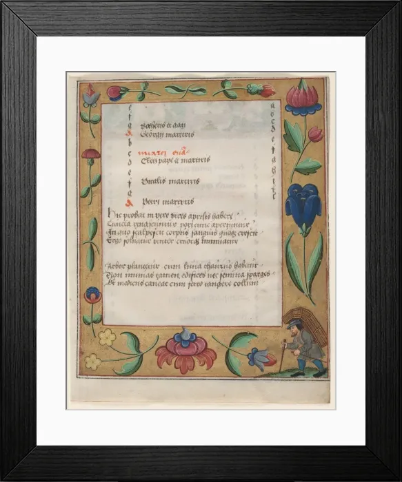 Framed Print : Leaf from a Psalter and Prayerbook: Calendar Page with Peasant (recto) and Calendar