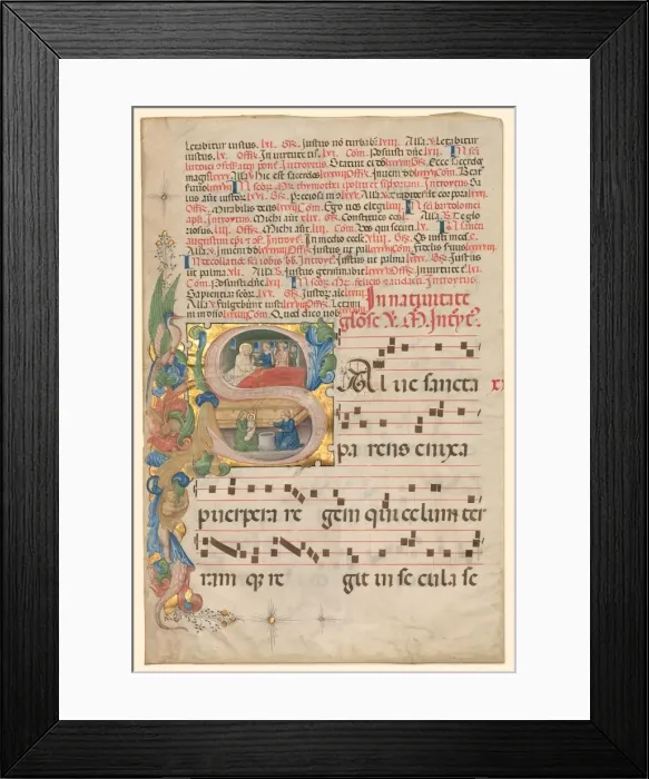 Framed Print : Leaf from a Gradual: Historiated Initial S[alve Sancta Parens] with Birth of the Virgin (recto), c