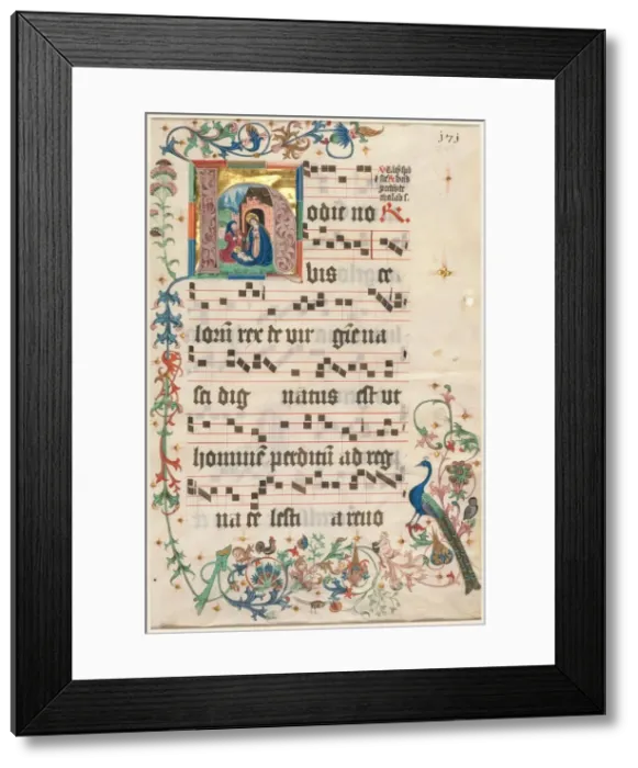 Framed Print : Leaf from an Antiphonary: Initial H with the Nativity (recto) and Text (verso), c Framed Print : Leaf from an Antiphonary: Initial H with the Nativity (recto) and Text (verso), c