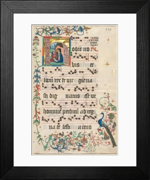 Framed Print : Leaf from an Antiphonary: Initial H with the Nativity (recto), c. 1480. Creator: Unknown Framed Print : Leaf from an Antiphonary: Initial H with the Nativity (recto), c. 1480. Creator: Unknown