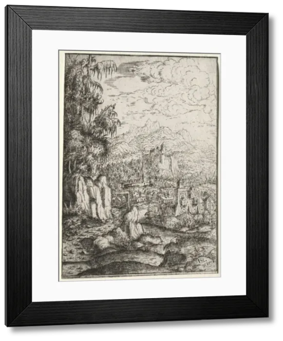 Framed Print : Landscape with a Road to a Castle on an Island in a River, 1554. Creator: Hanns Lautensack (German Framed Print : Landscape with a Road to a Castle on an Island in a River, 1554. Creator: Hanns Lautensack (German