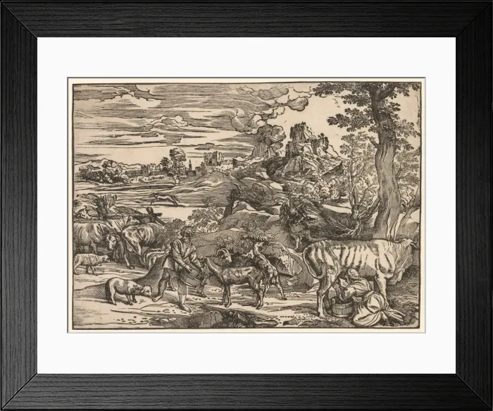Framed Print : Landscape with a Milkmaid, c. 1525. Creator: Niccolo Boldrini (Italian, c. 1500-aft 1566) Framed Print : Landscape with a Milkmaid, c. 1525. Creator: Niccolo Boldrini (Italian, c. 1500-aft 1566)