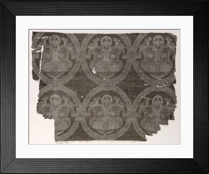 Framed Print : Lampas fragment with seated prince holding falcons in kufic medallions, 1654-1955 Framed Print : Lampas fragment with seated prince holding falcons in kufic medallions, 1654-1955