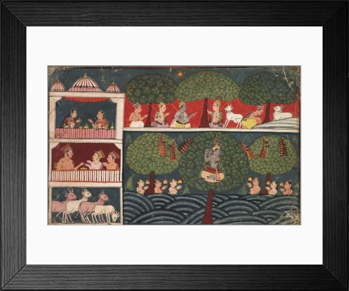 Framed Print : Krishna Stealing Gopis Clothes, Page from the Bhagavata Purana, c. 1650. Creator: Unknown Framed Print : Krishna Stealing Gopis Clothes, Page from the Bhagavata Purana, c. 1650. Creator: Unknown