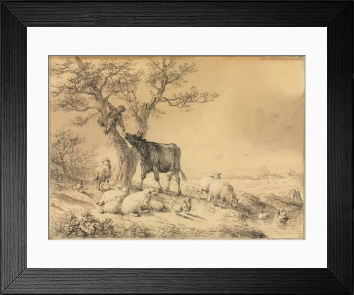 Framed Print : Landscape with Animals and Boy in Tree, 1866. Creator: Eugene Joseph Verboeckhoven (Belgian Framed Print : Landscape with Animals and Boy in Tree, 1866. Creator: Eugene Joseph Verboeckhoven (Belgian