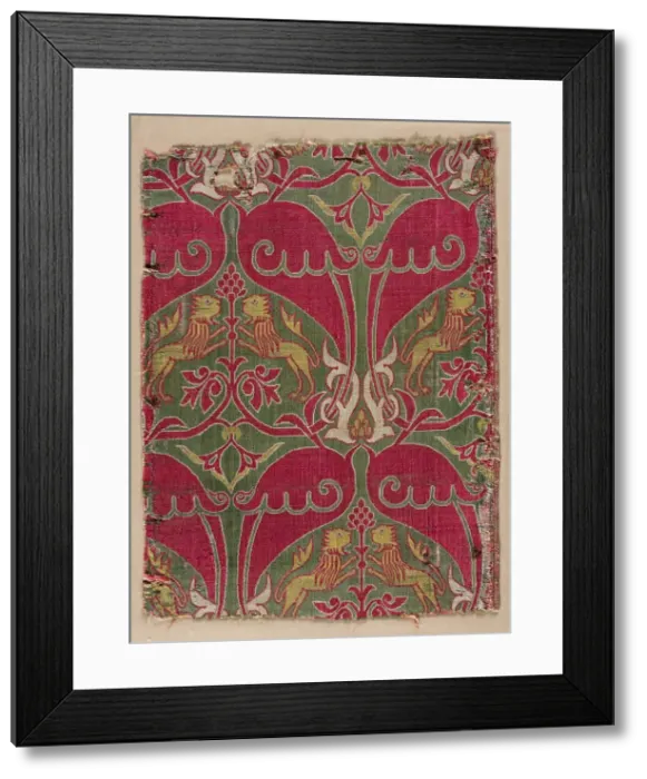 Framed Print : Lampas with rampant lions, palmettes, and escutcheons, 1400s. Creator: Unknown Framed Print : Lampas with rampant lions, palmettes, and escutcheons, 1400s. Creator: Unknown