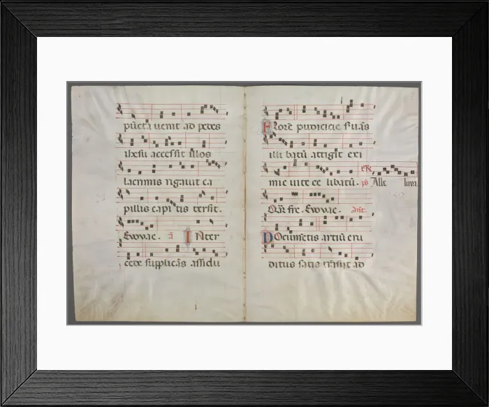 Framed Print : Bifolium from an Antiphonary: Music, c. 1320-1340. Creator: Primo Miniatore di San Domenico Framed Print : Bifolium from an Antiphonary: Music, c. 1320-1340. Creator: Primo Miniatore di San Domenico