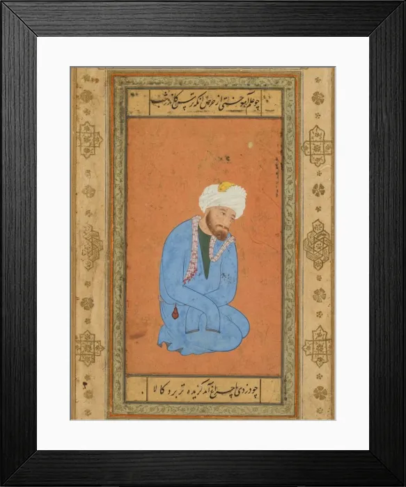 Framed Print : Portrait of a kneeling holy man, from the Prince Salim Album, c. 1556-60; border c Framed Print : Portrait of a kneeling holy man, from the Prince Salim Album, c. 1556-60; border c