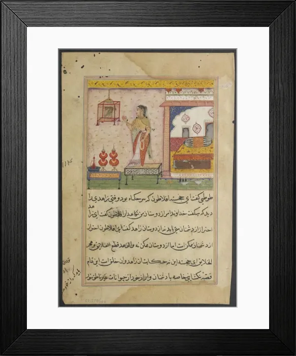 Framed Print : Page from Tales of a Parrot (Tuti-nama): Twenty-third night: The parrot addresses Framed Print : Page from Tales of a Parrot (Tuti-nama): Twenty-third night: The parrot addresses