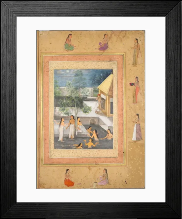 Framed Print : Page from the Late Shah Jahan Album: Harem Night-Bathing Scene, c. 1653. Creator: Unknown Framed Print : Page from the Late Shah Jahan Album: Harem Night-Bathing Scene, c. 1653. Creator: Unknown