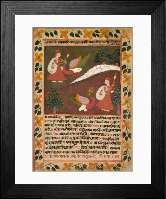 Framed Print : Page with Two Scenes of Sitas Abduction, from a Ramayana, c. 1745. Creator: Rikhaji (Indian)