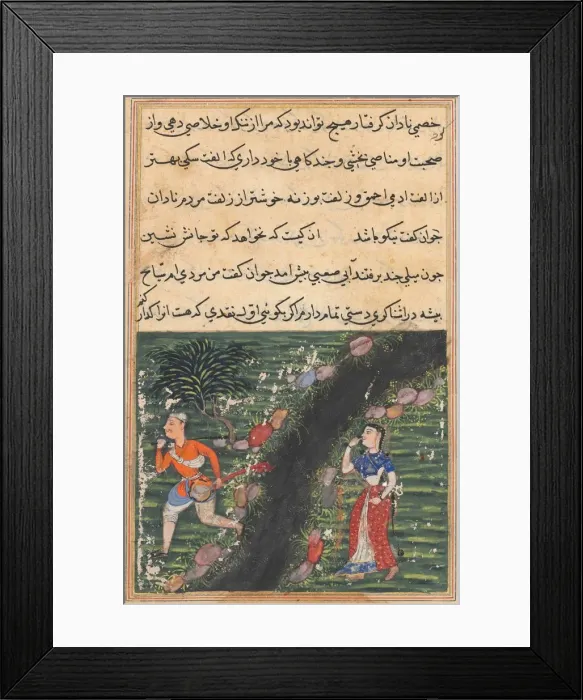 Framed Print : Page from Tales of a Parrot (Tuti-nama): Sixteenth night: The vagabond crosses... c Framed Print : Page from Tales of a Parrot (Tuti-nama): Sixteenth night: The vagabond crosses... c