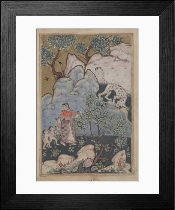 Framed Print : Page from Tales of a Parrot (Tuti-nama): Thirtieth night: A woman with two children Framed Print : Page from Tales of a Parrot (Tuti-nama): Thirtieth night: A woman with two children