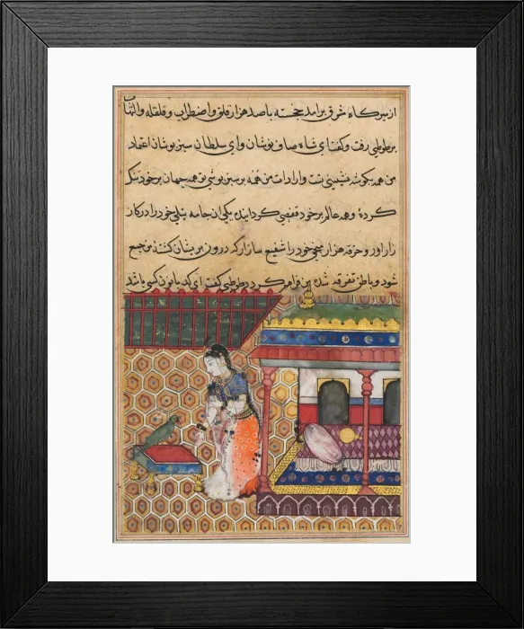 Framed Print : Page from Tales of a Parrot (Tuti-nama): Thirty-eight night: The parrot addresses Khujasta… Framed Print : Page from Tales of a Parrot (Tuti-nama): Thirty-eight night: The parrot addresses Khujasta…