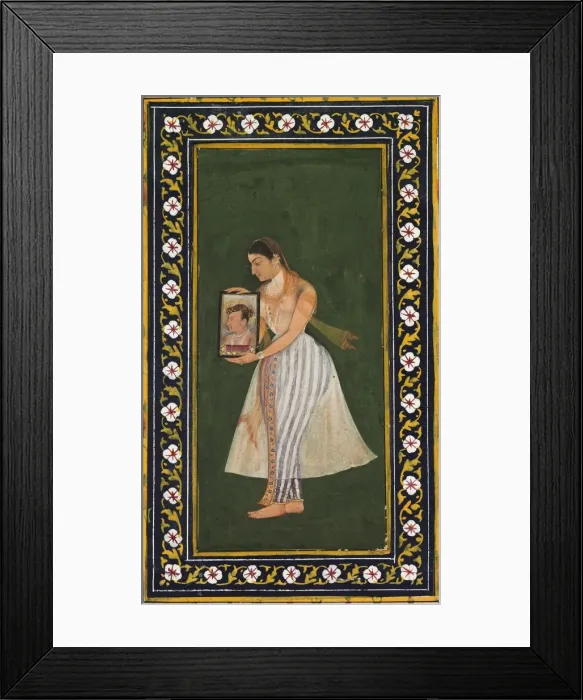 Framed Print : Nur Jahan, holding a portrait of Emperor Jahangir, c. 1627. Creator: Bishandas (Indian) Framed Print : Nur Jahan, holding a portrait of Emperor Jahangir, c. 1627. Creator: Bishandas (Indian)