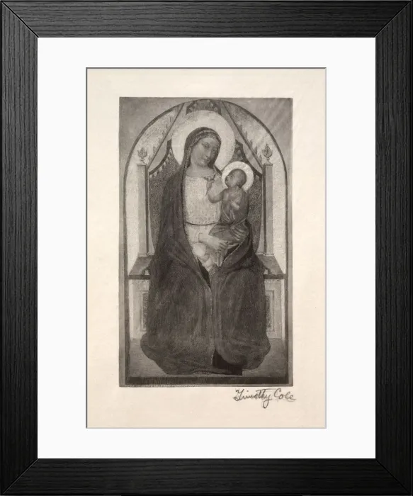 Framed Print : Old Italian Masters: Madonna Enthroned with Child Holding Bird, 1885. Creator: Timothy Cole Framed Print : Old Italian Masters: Madonna Enthroned with Child Holding Bird, 1885. Creator: Timothy Cole