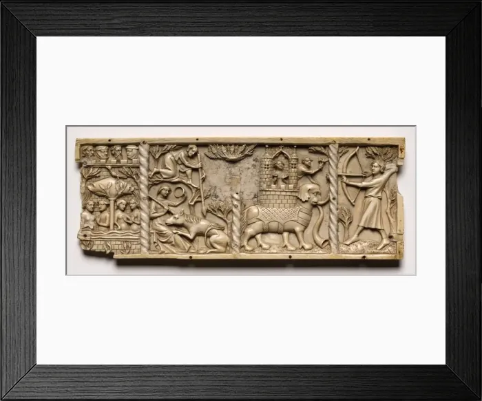 Framed Print : Panel from a Casket with Scenes from Courtly Romances, 1330-1350 or later. Creator: Unknown Framed Print : Panel from a Casket with Scenes from Courtly Romances, 1330-1350 or later. Creator: Unknown