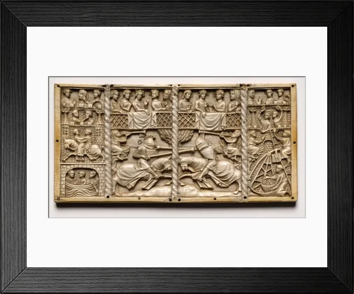 Framed Print : Panel from a Casket with Scenes from Courtly Romances, c. 1330-1350 or later. Creator: Unknown Framed Print : Panel from a Casket with Scenes from Courtly Romances, c. 1330-1350 or later. Creator: Unknown
