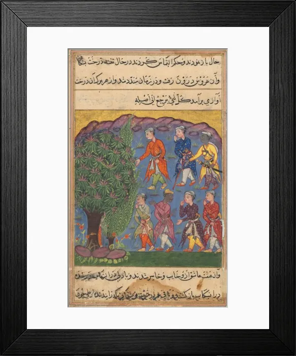 Framed Print : Page from Tales of a Parrot (Tuti-nama): Sixth night: Seven men disputing possession Framed Print : Page from Tales of a Parrot (Tuti-nama): Sixth night: Seven men disputing possession