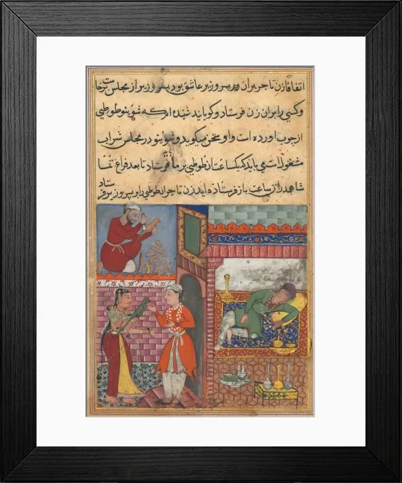 Framed Print : Page from Tales of a Parrot (Tuti-nama): Tenth night: The viziers son receives the magic Framed Print : Page from Tales of a Parrot (Tuti-nama): Tenth night: The viziers son receives the magic