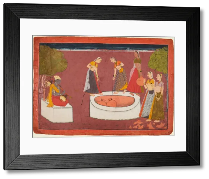 Framed Print : Madhava plays his vina before five women drawing water from a well, from a Madhavanala Framed Print : Madhava plays his vina before five women drawing water from a well, from a Madhavanala