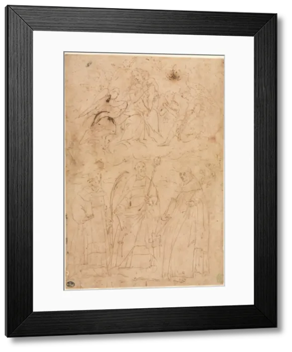 Framed Print : Madonna and Child in Glory above Three Saints, c. 1570. Creator: Giovanni Battista Paggi (Italian Framed Print : Madonna and Child in Glory above Three Saints, c. 1570. Creator: Giovanni Battista Paggi (Italian