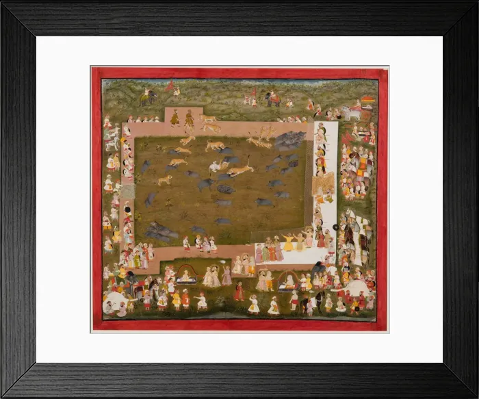 Framed Print : Maharaja Sangram Singh and his court observe a fight between tigers and boars at Sadri, c Framed Print : Maharaja Sangram Singh and his court observe a fight between tigers and boars at Sadri, c