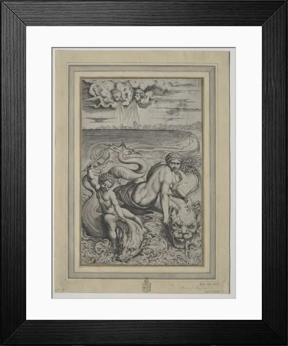 Framed Print : Love and Cupid Carried by Dolphins, 1500s. Creator: Marco Dente (Italian, c. 1486-1527) Framed Print : Love and Cupid Carried by Dolphins, 1500s. Creator: Marco Dente (Italian, c. 1486-1527)