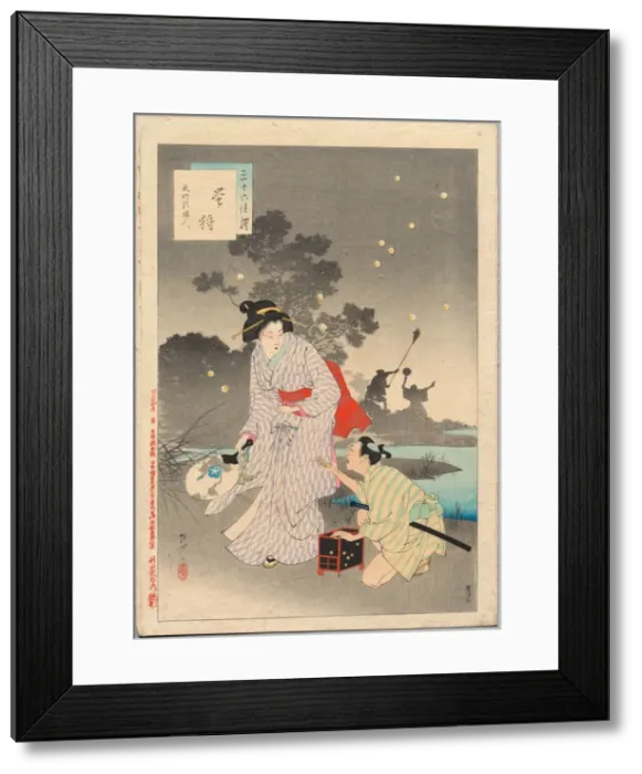 Framed Print : Chasing Fireflies, A Lady of the Tenmei Era (1781-1789)... 1894. Creator: Mizuno Toshikata Framed Print : Chasing Fireflies, A Lady of the Tenmei Era (1781-1789)... 1894. Creator: Mizuno Toshikata