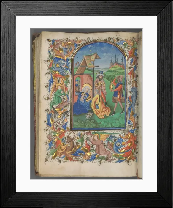Framed Print : Book of Hours (Use of Utrecht): fol. 221v, Adoration of the Magi, c. 1460-1465. Creator Framed Print : Book of Hours (Use of Utrecht): fol. 221v, Adoration of the Magi, c. 1460-1465. Creator