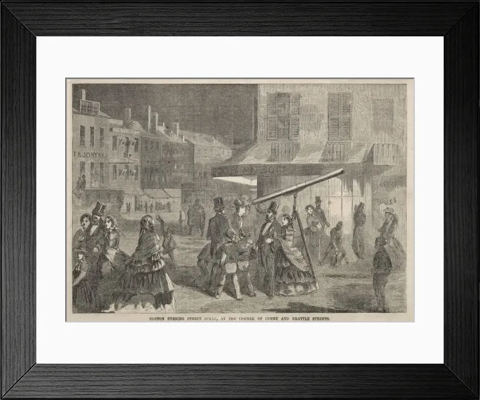 Framed Print : Boston Evening Street Scene, at Corner of Court and Brattle Streets, 1857. Creator Framed Print : Boston Evening Street Scene, at Corner of Court and Brattle Streets, 1857. Creator