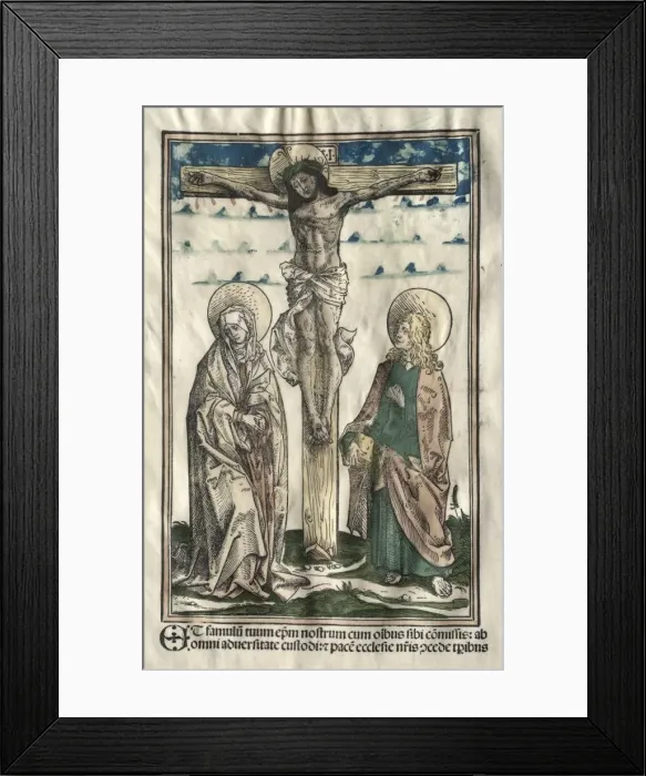 Framed Print : Christ on the Cross between Mary and John, 1502. Creator: Hans Burgkmair (German, 1473-1531) Framed Print : Christ on the Cross between Mary and John, 1502. Creator: Hans Burgkmair (German, 1473-1531)