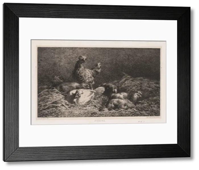 Framed Print : Chickens (Poutes), 1867. Creator: Charles-Emile Jacque (French, 1813-1894)