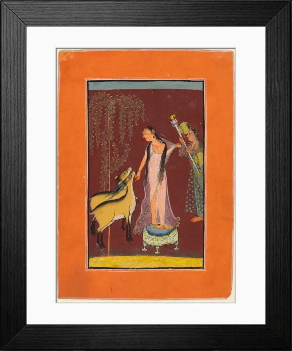 Framed Print : A Lady with Attendant and a Pair of Deer, probably Gujari Ragini of Dipak, from a Pahari Ragamala Framed Print : A Lady with Attendant and a Pair of Deer, probably Gujari Ragini of Dipak, from a Pahari Ragamala
