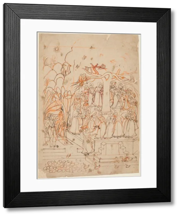Framed Print : A leaf from a Baramasa series: the month Jyestha (May-June), Krishna watches the Gopis Framed Print : A leaf from a Baramasa series: the month Jyestha (May-June), Krishna watches the Gopis