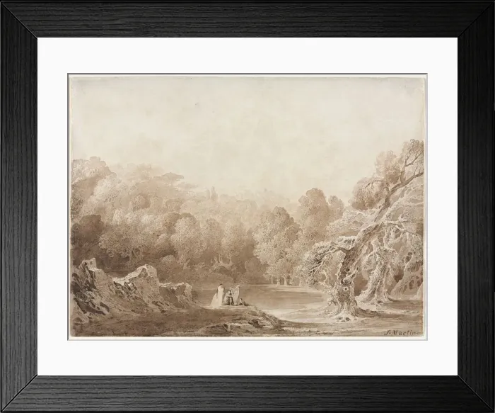 Framed Print : A Man Playing a Harp with other Figures beside a Lake, 1820. Creator: John Martin (British Framed Print : A Man Playing a Harp with other Figures beside a Lake, 1820. Creator: John Martin (British
