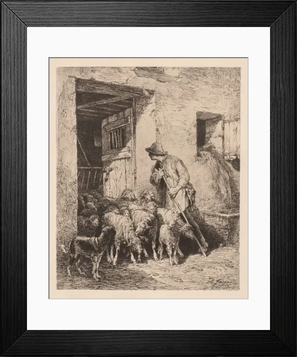 Framed Print : The Herd Exits (La Sortie du Troupeau), 1876. Creator: Charles-Emile Jacque (French Framed Print : The Herd Exits (La Sortie du Troupeau), 1876. Creator: Charles-Emile Jacque (French