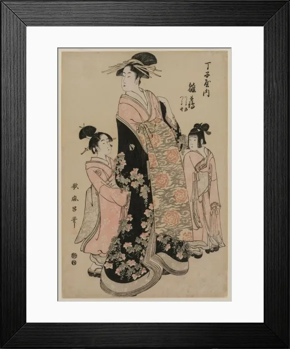 Framed Print : The Courtesan Hinazuru of Chojiya with her Attendants Tsuruji and Tsuruno, c. 1794 Framed Print : The Courtesan Hinazuru of Chojiya with her Attendants Tsuruji and Tsuruno, c. 1794