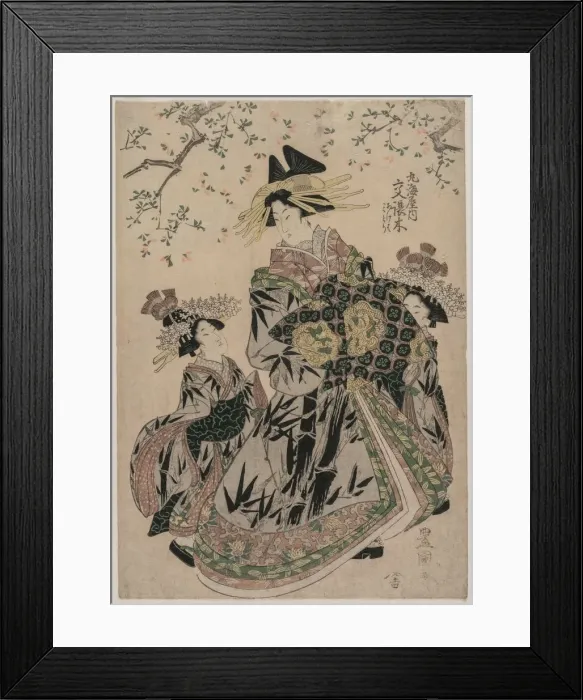 Framed Print : The Courtesan Katakoshigi (?) of Maruebiya with her Kamuro Ageha and Midori, c. 1805 Framed Print : The Courtesan Katakoshigi (?) of Maruebiya with her Kamuro Ageha and Midori, c. 1805