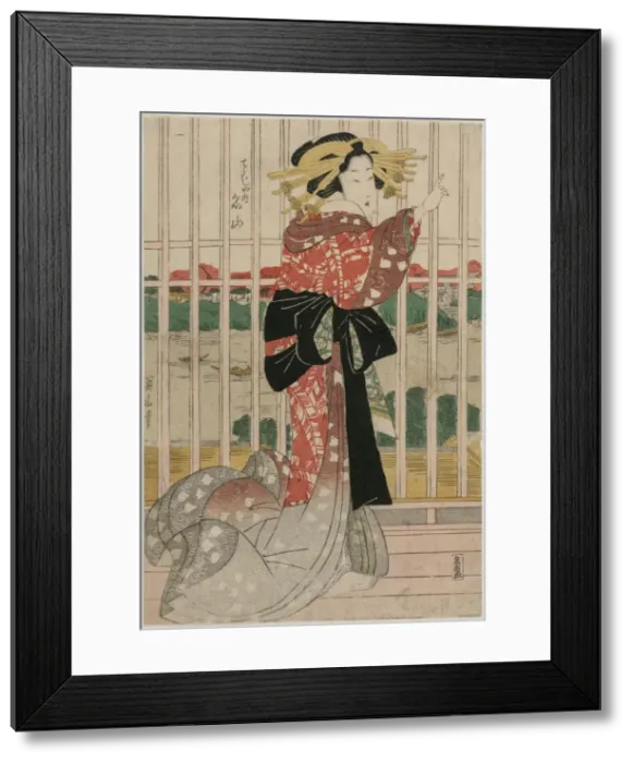 Framed Print : The Courtesan Meizan of the Chojiya on a Balcony Overlooking the Sumida River, c Framed Print : The Courtesan Meizan of the Chojiya on a Balcony Overlooking the Sumida River, c