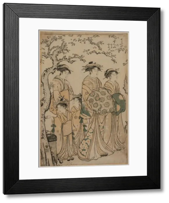 Framed Print : The Courtesan Senzan of Chojiya Strolling with her Kamuro Yasono and Yasoji and Two Shinzo, 1786 Framed Print : The Courtesan Senzan of Chojiya Strolling with her Kamuro Yasono and Yasoji and Two Shinzo, 1786