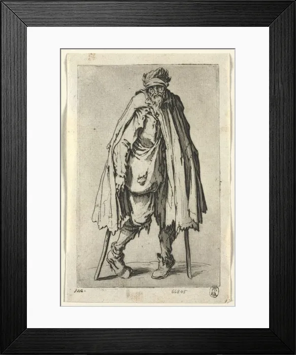 Framed Print : The Beggars: Beggar on Crutches with a Bag, c. 1623. Creator: Jacques Callot (French, 1592-1635) Framed Print : The Beggars: Beggar on Crutches with a Bag, c. 1623. Creator: Jacques Callot (French, 1592-1635)