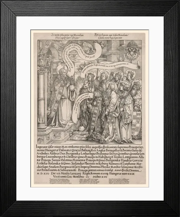 Framed Print : The Emperor Maximilian Presented by His Patron Saints to the Almighty, 1519. Creator Framed Print : The Emperor Maximilian Presented by His Patron Saints to the Almighty, 1519. Creator